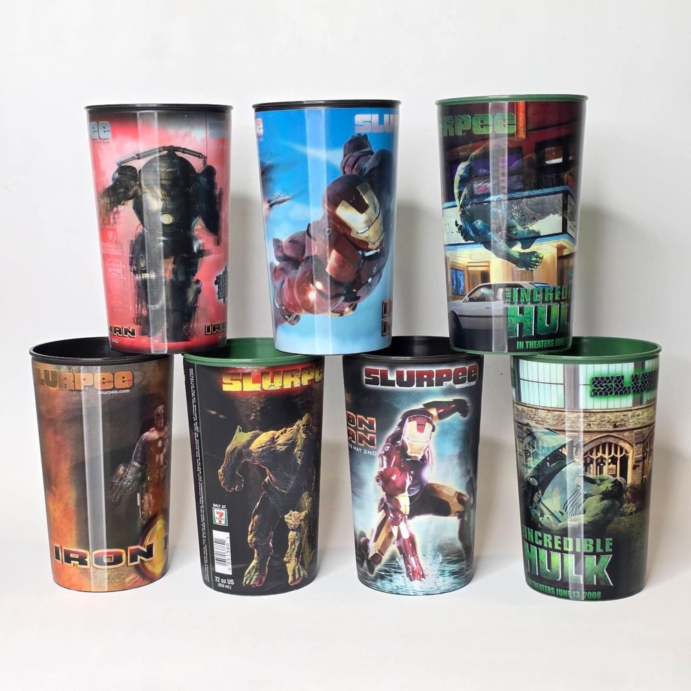 Marvel 7-Eleven Slurpee Cups 2008 Iron Man Incredible Hulk Lenticular Lot of 7